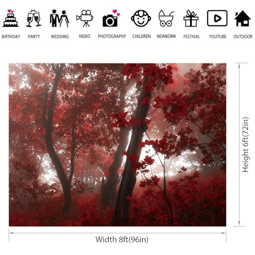 8x6ft Fall Maple Leaves Backdrop Autumn Scenery Misty Red Maple Forest Photography Background Natural Landscape Maple Trees Thanksgiving Party Kids Adults Travel Decor Banner Photo Props - size: 8x6ft