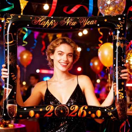 32PCS Funny New Year Photo Booth Props, Inflatable New Year Photo Booth Frame, Happy New Year Selfie Frame for New Year Party Supplies - color: Black New Year