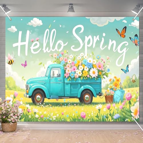 BlissYard Hello Spring Backdrop 8x6ft Flower Truck Photography Background Spring Garden Party Scenic Banner for Easter Celebration Birthday Baby Shower Classroom Photo Booth Decor - color: Hello Spring Backdrop#03