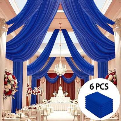 DUOBAO Royal Blue 5x20ft Chiffon Drapes | 6pc Elegant Sheer Wedding Backdrop Curtains | Perfect for Tent, Banquet Hall, and Photography - color: Royal Blue, size: 60"W x 240"L (Pack of 6)