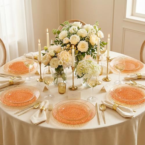 I00000 150Pcs Clear Orange Plastic Plates with Gold Rim,Orange Disposable Plastic Plates,Gold hammer patterned Disposable plates Set include 30 Dinner Plate,30 Dessert Plate,90 Silverware Set - color: Clear Orange