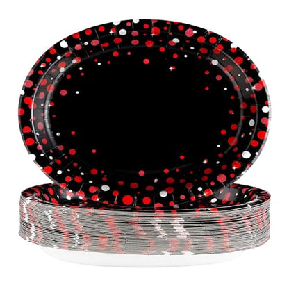 50 Pcs Black and Red Oval Plates 10" x 12" Large Graduation Party Plates Disposable Heavy Duty Red Dot on Black Paper Plates for Congrats Grad Holiday Fiesta Wedding Birthday Party Decorations - style: Black and Red Dot Oval Plates