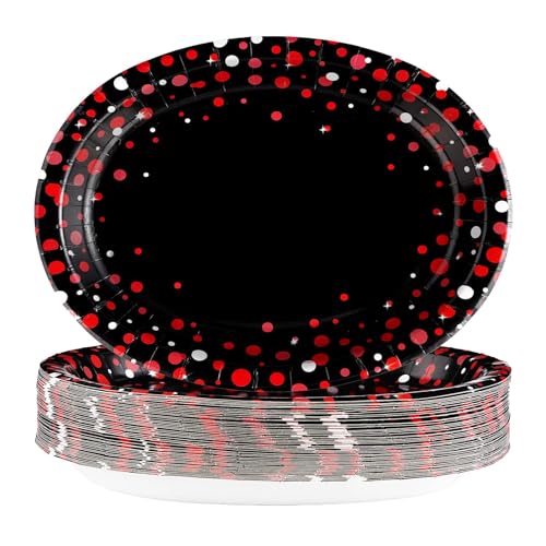 50 Pcs Black and Red Oval Plates 10" x 12" Large Graduation Party Plates Disposable Heavy Duty Red Dot on Black Paper Plates for Congrats Grad Holiday Fiesta Wedding Birthday Party Decorations - style: Black and Red Dot Oval Plates