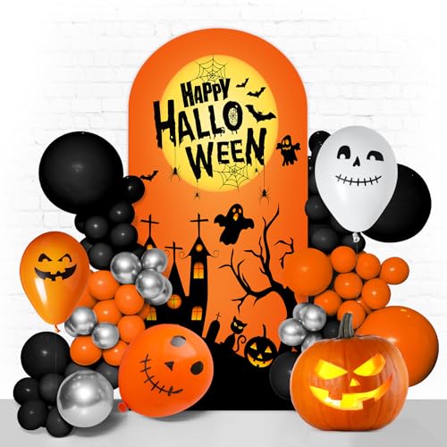 Happy Halloween Arch Backdrop Stand Cover 6ft Skeleton, Ghost Pumpkin Bat, Party, Spandex Arch Cover Horror Style Backdrop Fabric 2-Sided with Fall Pumpkin Spooky Witch Round Top for Halloween Party - color: Halloween1, size: 6FT
