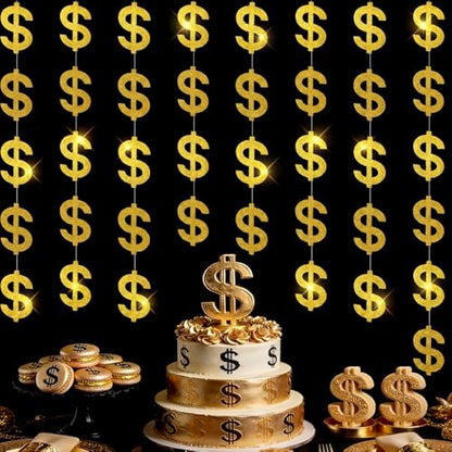 Xinnun Money Party Decorations Gold Old Dollar Sign Hanging Banners Currency Symbol Banner Cutouts Finance Investment Theme Ribbon Streamers for Casino Money Bachelorette Birthday Party Decor - style: Dollar