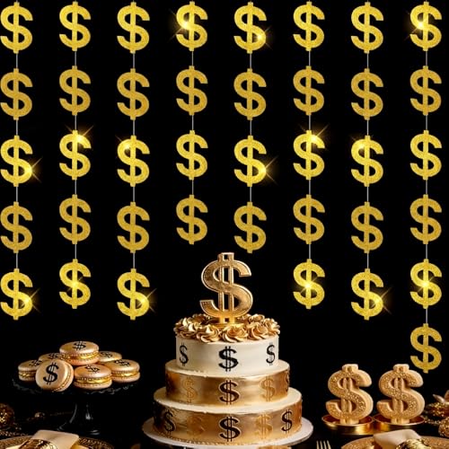 Xinnun Money Party Decorations Gold Old Dollar Sign Hanging Banners Currency Symbol Banner Cutouts Finance Investment Theme Ribbon Streamers for Casino Money Bachelorette Birthday Party Decor - style: Dollar