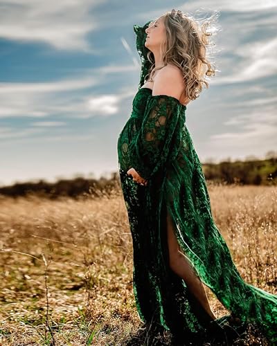 Saslax Soft Stretchy Lace Off Shoulder Doubly Split A-line Skirt Maternity Dress Pregnancy Maxi Gown for Photoshoot - color: Green, size: Small