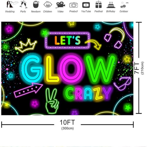 Neon Glow Party Decorations Supplies Backdrop 10x7ft Photography Background with Let's Glow Banner for Birthday Sleepover Graffiti Splash Paint Black Light Kids Photo Booth Vinyl Material - size: 10' x 7'