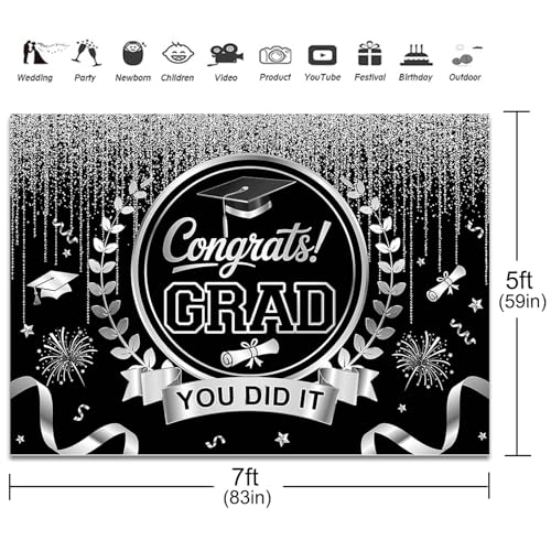 Graduation Backdrop Congrats Grad You Did It Party Decorations Background Congratulations Graduate Class of 2026 Banner Photo Booth Props (Black and Silver, 7x5ft) - color: Black and Silver