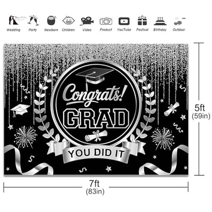 Graduation Backdrop Congrats Grad You Did It Party Decorations Background Congratulations Graduate Class of 2026 Banner Photo Booth Props (Black and Silver, 7x5ft) - color: Black and Silver