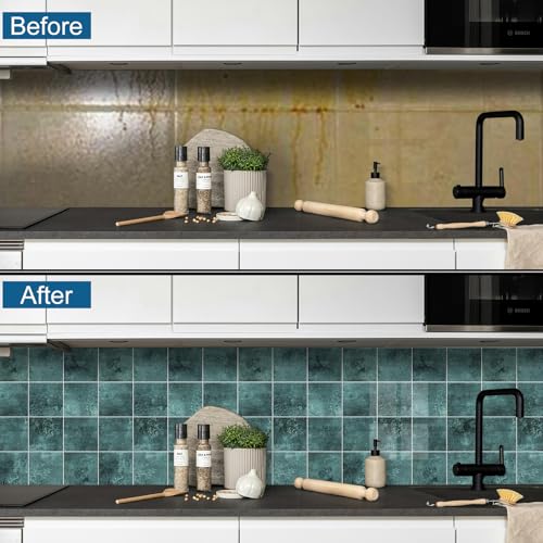 Peel and Stick Tiles for Kitchen Backsplash, New Upgrade Design 9" x9" SPC Square Marble Tiles, Marble Green Premium Mosaic Tiles(5-Sheet) - color: Green, size: 5-sheet