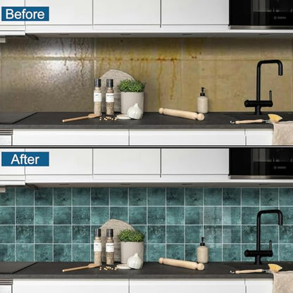 Peel and Stick Tiles for Kitchen Backsplash, New Upgrade Design 9" x9" SPC Square Marble Tiles, Marble Green Premium Mosaic Tiles(5-Sheet) - color: Green, size: 5-sheet