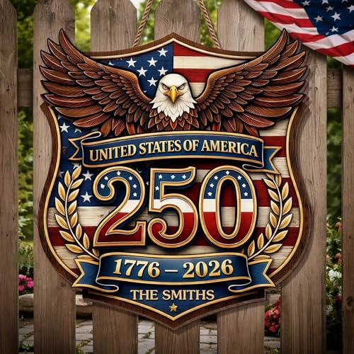 Personalized 250th Anniversary Patriotic Wood Wreath Door Sign 1776-2026, Custom Family Name Round Door Hanger, Independence Decor, Decoration Gifts, Gift For Mom, Dad, Brother, Family /2 - color: Design 02