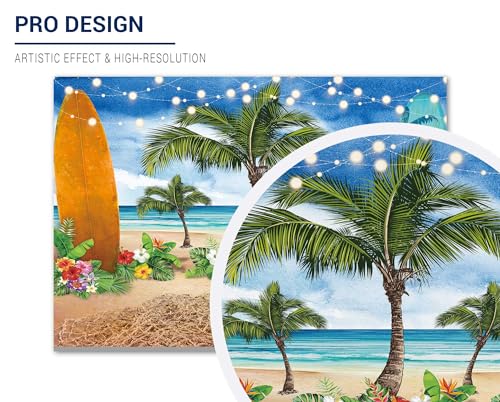 Allenjoy Summer Beach Ocean Photography Backdrops Blue Sky Seaside Surfboard Tropical Palm Trees Luau Kids Girl 1st Birthday Party Decor Banner Baby Shower 7x5ft Photoshoot Background Photo Booth Prop - size: 7'x5'