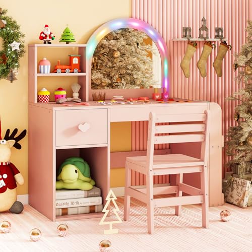 Costzon Kids Vanity, Girls Vanity Set with Lighted Mirror, Bookshelf, Drawer, Storage Cabinet & Shelves, Toddler Makeup Vanity Desk Dressing Table, Wooden Kids Vanity Table and Chair Set (Pink) - style: Pink with Bookshelf