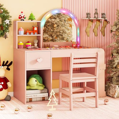 Costzon Kids Vanity, Girls Vanity Set with Lighted Mirror, Bookshelf, Drawer, Storage Cabinet & Shelves, Toddler Makeup Vanity Desk Dressing Table, Wooden Kids Vanity Table and Chair Set (Pink) - style: Pink with Bookshelf