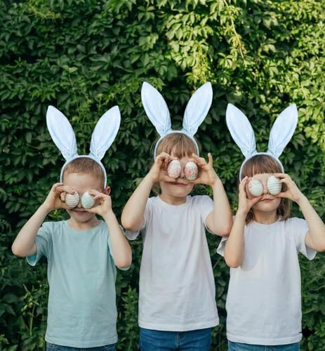 Cute Blue Plaid Easter Bunny Ears Headband for Women, Adjustable Floral Hairband for Easter Party & Spring Photo Prop