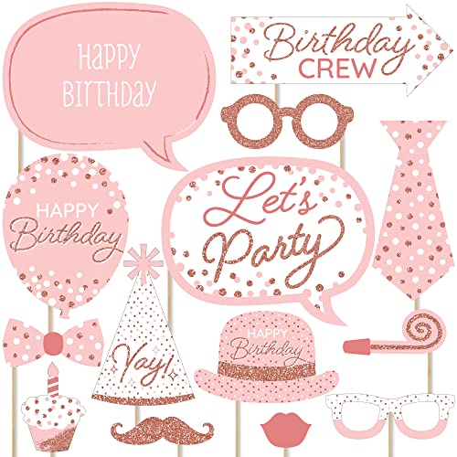 Big Dot of Happiness Pink Rose Gold Birthday - Happy Birthday Party Photo Booth Props Kit - 20 Count