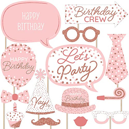 Big Dot of Happiness Pink Rose Gold Birthday - Happy Birthday Party Photo Booth Props Kit - 20 Count