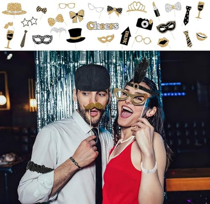 40 Pcs 1920's Party Decoration Couple Cosplay Costume Roaring Retro Costume Including Roaring 20's Photo Booth Props Headband Gloves Gangster Hat Accessories Kit Birthday Theme Party Supplies