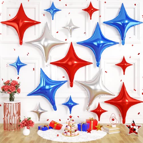 Blue Red Star Balloons, 16 PCS Silver Four Angle Star Foil Balloons, 26 Inch and 10 Inch Red Blue Stars Shaped Balloon for Graduation Birthday Baby Shower Anniversary Independence Day Party Decor - color: Blue Red