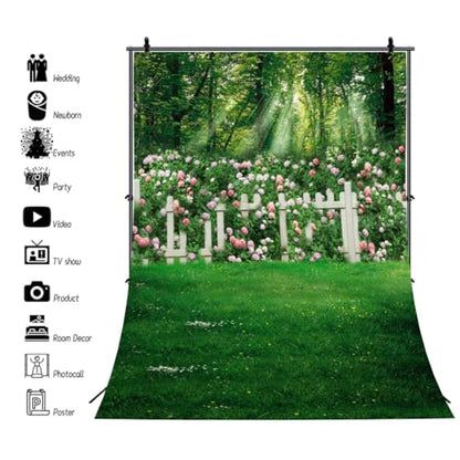 AOFOTO 4x5ft Romantic Garden Photography Studio Background Wedding Backdrop Spring Flowers Fence Meadow Grassland Girl Lovers Baby Kid Toddler Artistic Portrait Forest Photoshoot Props Video Drape - size: 4x5ft