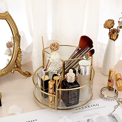 Hipiwe 360 Rotating Makeup Organizer 3-Slot Gold Glass Spinning Cosmetic Display Case Round Vanity Storage Holder Dresser Bathroom Organizer for Prefume Makeup Bushes Lipsticks - style: Round,3-Slot