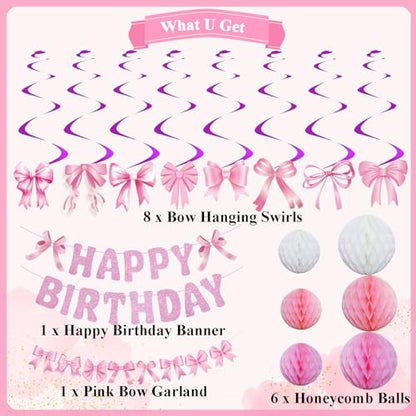 Pre-strung Pink Bow Birthday Party Decorations Glitter Happy Birthday Banner Honeycomb Balls Bows Hanging Swirls for Women Girls Coquette Party Decor