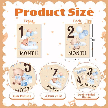 Baby Milestone Cards, 10pcs Double Sided Newborn Photo Prop, First Words, Haircut & More, First Year Monthly Milestone Cards, Boho Bear Pregnancy Announcement Ideas Decor Supplies(03) - style: Boho Bear
