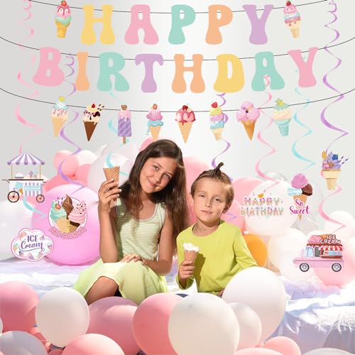 Ice Cream Birthday Party Decorations - Colorful Happy Birthday Banners, Hanging Swirls Decor Supplies for Summer Theme Girls Party - style: Ice Cream
