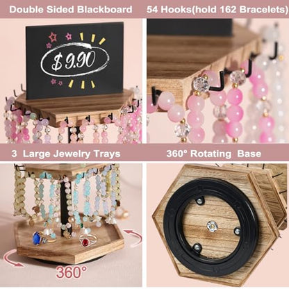 Rotating Bracelet Holder,4 Tier Bracelet Display Stand,Hexagon Bracelet Organizer,Wood Bangle Organizer,Jewelry Display for Vendors for Store,Show, Home Use