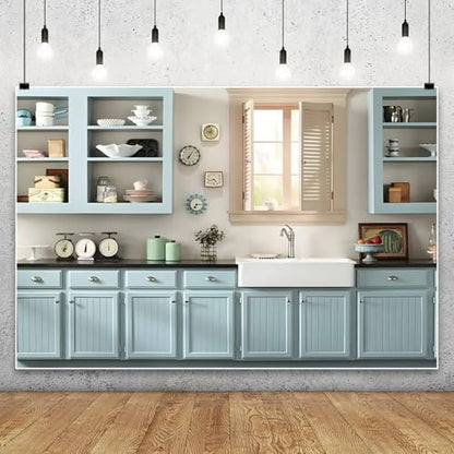Laeacco 10x6.5ft Modern Kitchen Backdrop Kitchen Interior Light Blue Cabinet Tableware Photography Background Home Cuisine Cooking Baking Party Cake Table Decor Kids Adults Portrait Photo Booth Props - size: 10x6.5ft