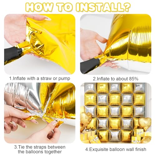 Gold Silver Square Foil Balloon Wall,25Pcs Double Sided Balloons Backdrop Helium Polyester Film Balloon Tunnel Arch Garland Kit for Birthday Bridal Anniversary Baby Shower Party Decorations - style: Gold Silver