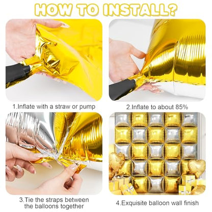 Gold Silver Square Foil Balloon Wall,25Pcs Double Sided Balloons Backdrop Helium Polyester Film Balloon Tunnel Arch Garland Kit for Birthday Bridal Anniversary Baby Shower Party Decorations - style: Gold Silver