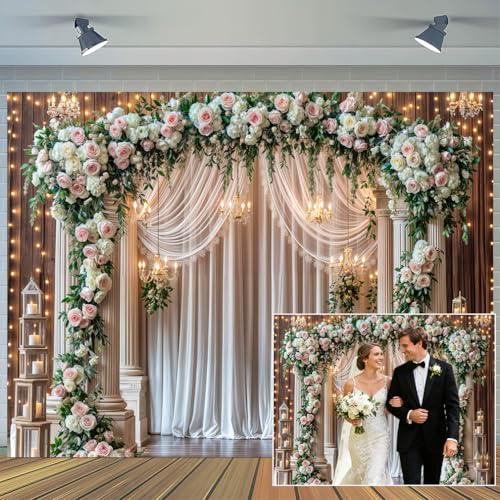 5 x 3 ft Wedding Wooden Backdrop Glitter White Curtain Rose Floral Wall Door Photography Backdrops Western Vintage Wedding Anniversary Banner Birthday Baby Showers Photo Shoot Decor Props Decoration - color: Multi3, size: 5x3ft