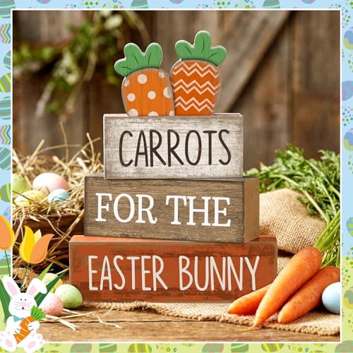 Lineshading 4 Pcs Easter Decor Wooden Carrot Decoration Easter Tiered Tray Decor Rustic Wooden Carrot Block Sign Carrots Table Centerpiece Farmhouse for Party Home Kitchen - style: Carrots
