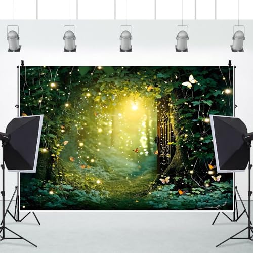 Laeacco Enchanted Forest Backdrop Polyester 7x5FT Fairy Tale Forest Photography Background Wonderland Fireflies Butterfly Newborn Baby Shower Birthday Party Decor Banner Photo Booth Studio Shoot Props - size: 7x5FT-Polyester
