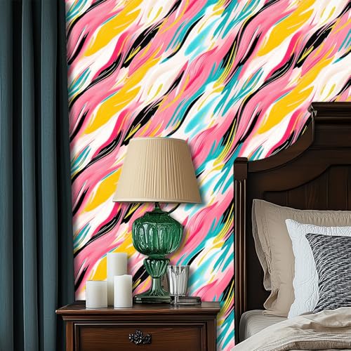 HOMETITUTE Vibrant Brushstroke Modern Abstract Wallpaper Peel and Stick Contact Paper Wall Paper Stick 17.7" x 118.1" Self Adhesive Removable Vinyl Wall Covering Bedroom Kitchen Bathroom Home Decor - color: Vibrant Brushstroke Modern