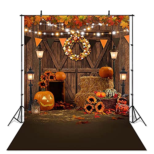 Avezano Fall Thanksgiving Photography Backdrop Autumn Pumpkin Harvest Barn Background Maple Leaves Rustic Wooden Door Garland Backdrops for Portrait Photoshoot Photo Studio (5x7ft) - size: 5x7ft