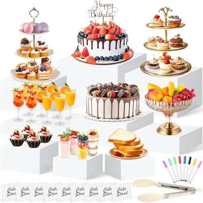 9 PCS White Buffet Risers and Stands | Food Display Risers for Buffet Table | Acrylic Stands with Signs and Markers | Cube Boxes for party, birthday, wedding, Catering, Collection | Size 10’’-9’’-8’’-7’’-6’’-5’’