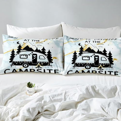 Feelyou Marble RV Camping Bed Sheets Set Happy Camping Sheet Set Cartoon Camping Car Sheets with Deep Pocket Fitted Sheet Blue Marble Texture Bedroom Decor Farmhouse Bedding Set Bed Set King Size - size: King