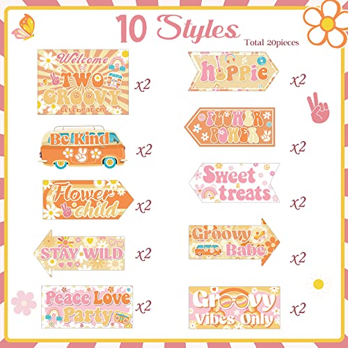 Jecery 20 Pcs Two Groovy Party Decorations Retro Hippie Boho Party Signs 60's Retro Decor Groovy Party Decorations Boho Hippie Welcome Signs Photo Prop for Two Groovy Party Favor Girl Birthday Decor