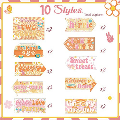 Jecery 20 Pcs Two Groovy Party Decorations Retro Hippie Boho Party Signs 60's Retro Decor Groovy Party Decorations Boho Hippie Welcome Signs Photo Prop for Two Groovy Party Favor Girl Birthday Decor
