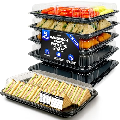5 Pack Catering Trays with Lids – 15" Serving Tray with Lid, Heavy Duty Recyclable Plastic Party Platters for Catering, Buffet, Picnics & Events – Food Trays with Clear Lid (15.35 × 11.42 × 2.95 inch) - size: 5 Pack - 15 x 11in