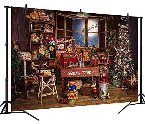 Christmas Santa's Toy Shop Photography Backdrop for Party Christmas Tree Gift Snow Window Wood Shed Store Background Family Portrait Seamless Vinyl Photo Props Banner Supplies PGT660C 10x8ft - size: 10'X8'