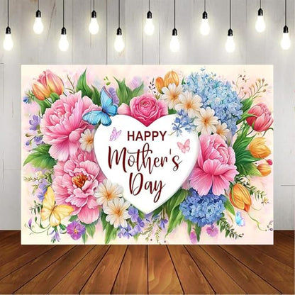 Mocsicka Mother's Day Backdrop Banner Flowers Happy Mothers Day Decorations Banner I Love Mom Mothers Party Decorations Photo Booth Props (8x6ft (96x72 inch))