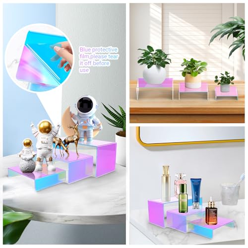 12 PCs Iridscent Risers Display Stands 3 Tiers Desktop Acrylic Shelves Small Cake Dessert Holder Products Stand for Collectibles Shoes Jewels Pop Figure (Iridescent2) - color: Iridescent 12 PCs