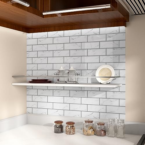 WESTICK Peel and Stick Backsplash Tile 10 Sheets Peel and Stick Subway Backsplash Grey Marble Back Splash Sticky Tiles Oil-Proof Tile Stickers Waterproof Wall Tiles for Kitchen Bathroom DIY 12”x12” - color: 2.Marble white