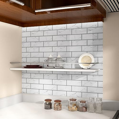 WESTICK Peel and Stick Backsplash Tile 10 Sheets Peel and Stick Subway Backsplash Grey Marble Back Splash Sticky Tiles Oil-Proof Tile Stickers Waterproof Wall Tiles for Kitchen Bathroom DIY 12”x12” - color: 2.Marble white