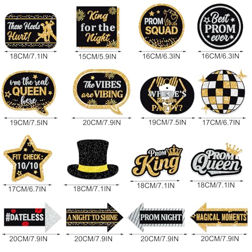 35 Pieces Prom Photo Booth Props Kit Funny Prom Dance Props Sticks High School College Graduation Prom Night Disco Party Decorations Supplies Black Gold Sliver